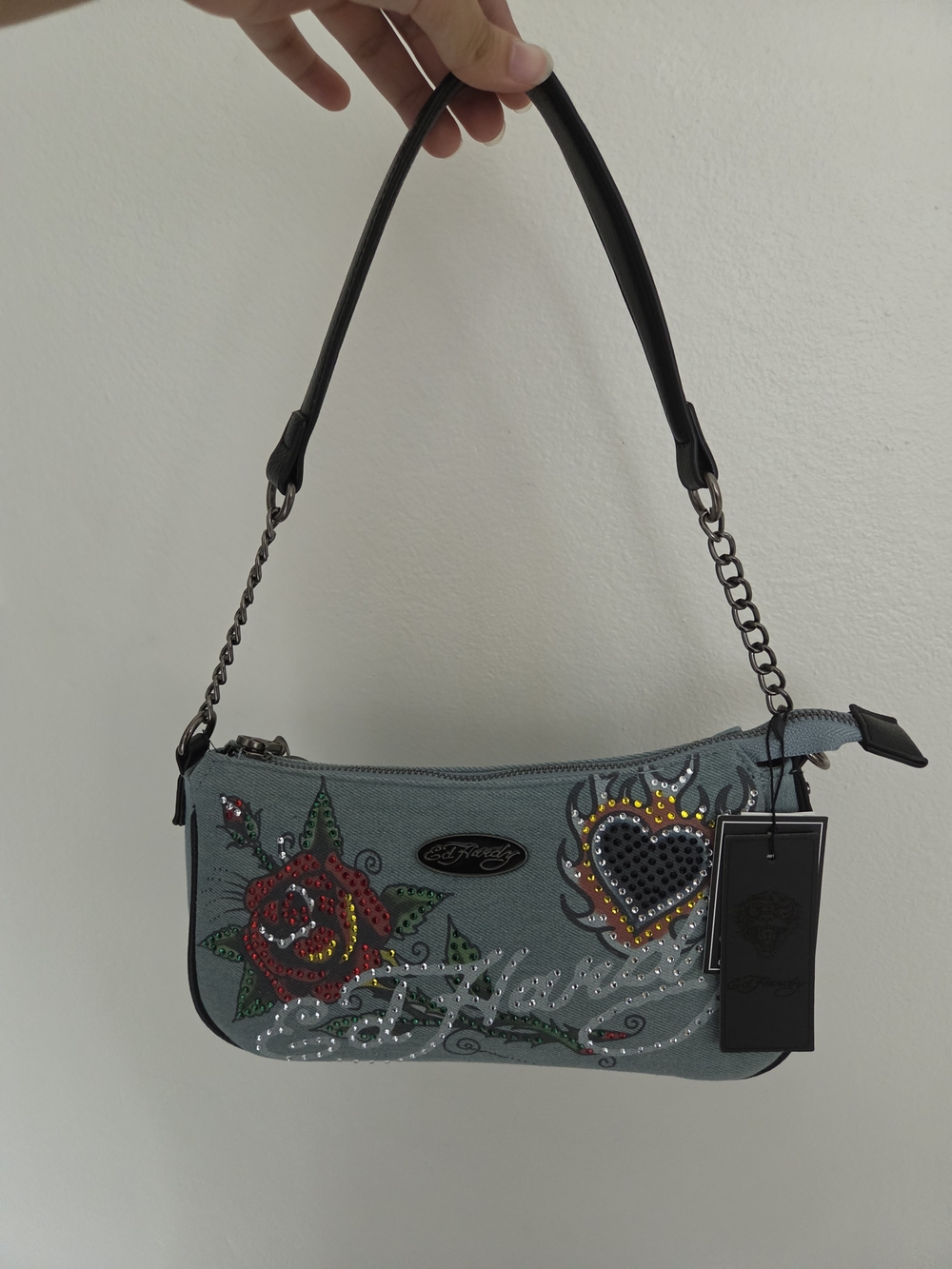 Ed Hardy Slate Blue Shoulder Bag with Rose & Studded Heart